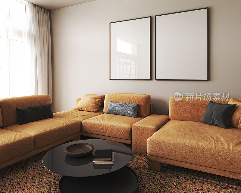 家里仿制了两个相框。米色的客厅室内设计搭配自然的橘色家具。斯堪的纳维亚波西米亚风格的室内背景。3 d渲染。高质量3d插图